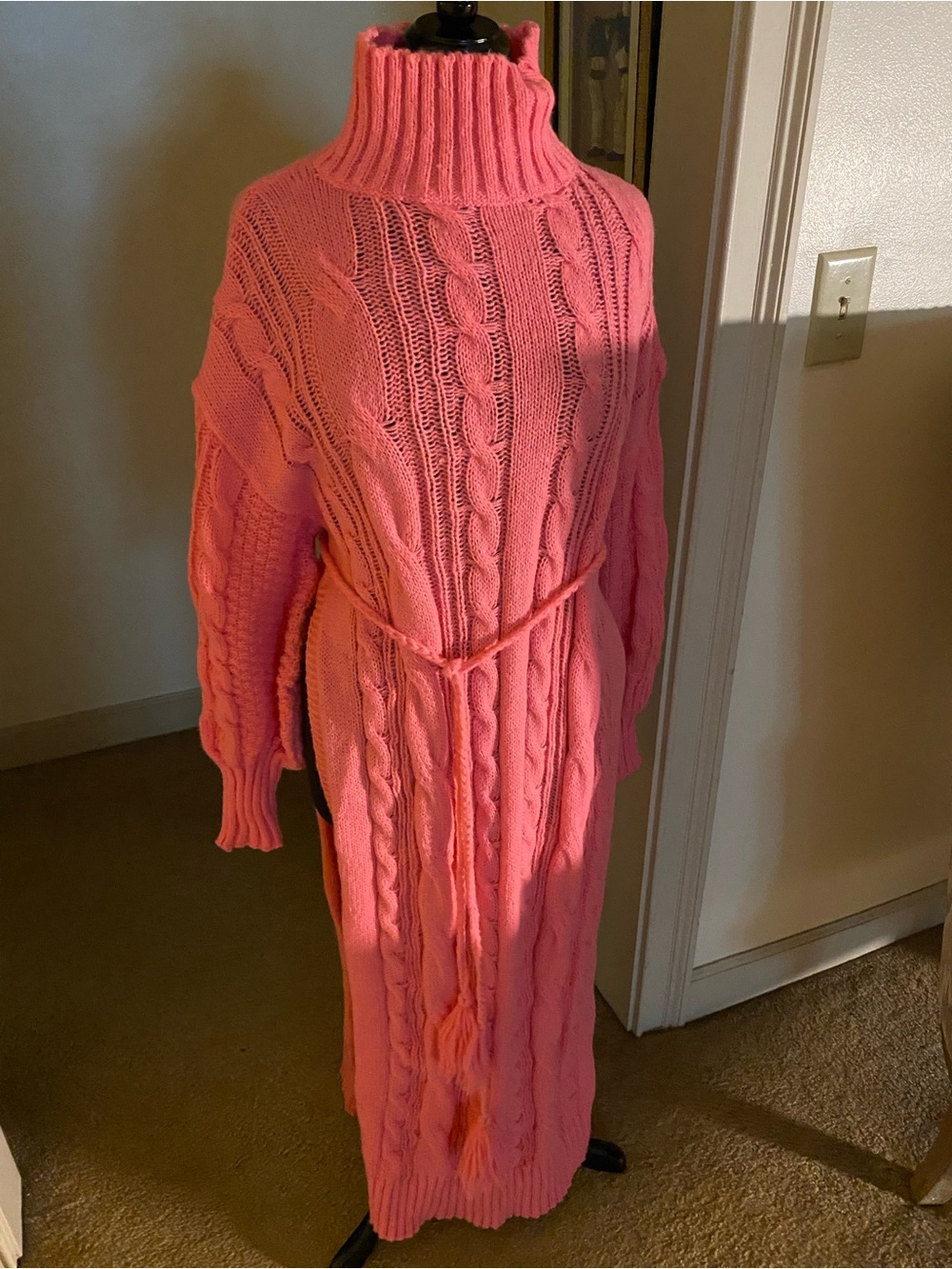 Turtleneck Cable Knit Maxi Sweater Dress - Pink